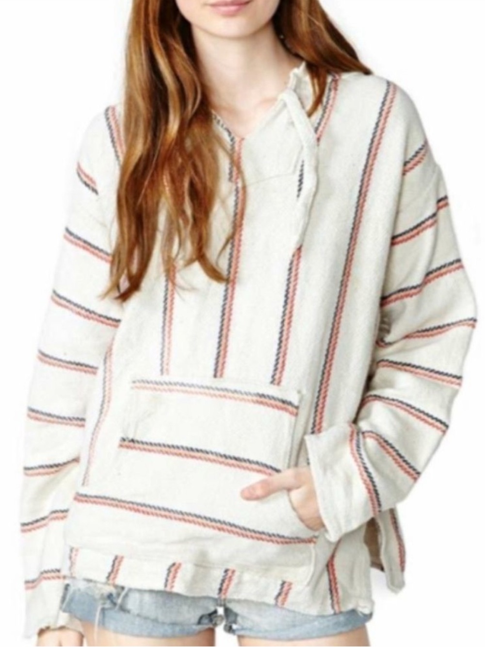 Ocean Drive Boho Sweatshirt Women's Sz S Hoodie Open Neck Knit Striped Ivory